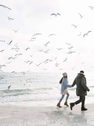 young couple holding hands and walking on winter sea shore and looking at seagulls