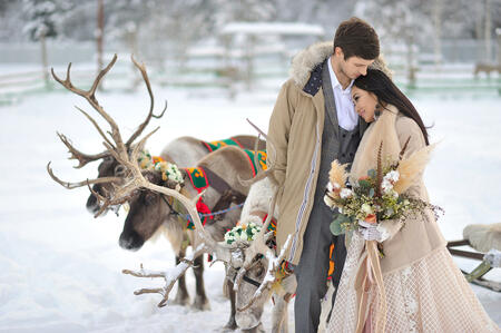 Winter wedding European bridegroom and Asian bride with a harness of reindeer.