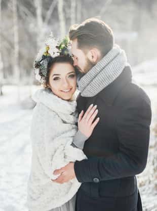 Wedding in winter. Snowy Sunny day.