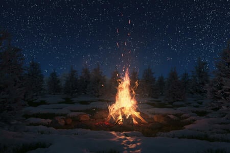 3d rendering of big bonfire with sparks and particles in front of snowy pine trees and starry sky