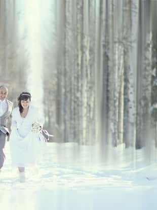 bride and groom in forest
