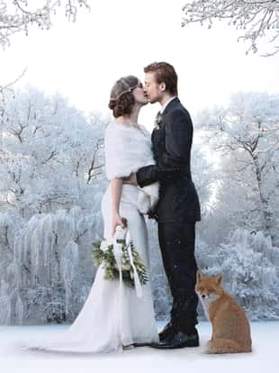 Beautiful wedding couple on their winter wedding