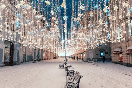 One of old streets, it is a very popular pedestrian street in historical center of Moscow. Night view of the street on the New Year holidays