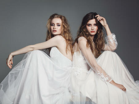 Studio portrait of two beautiful young women wearing wedding gowns