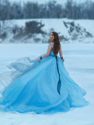 Cinderella in a luxurious, lush, blue dress with a magnificent train. A girl walks on a frozen lake covered with snow. Near her flies a bird the woman smiles sweetly at her for a meeting. Art photo.