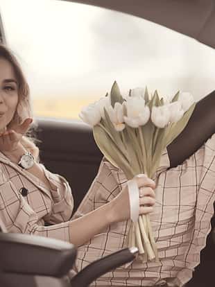 girl spring auto / happy girl in the car, travel spring mood happiness