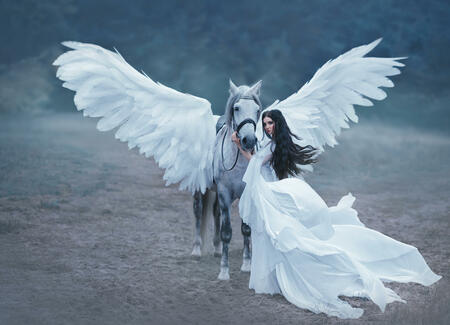 Beautiful, young elf, walking with a unicorn. She is wearing an incredible light, white dress. Artistic Photography