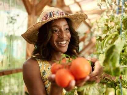 Female gardener tending to organic crops and picking up a bountiful basket full of fresh produce | Foto: &copy; iStock.com/julief514