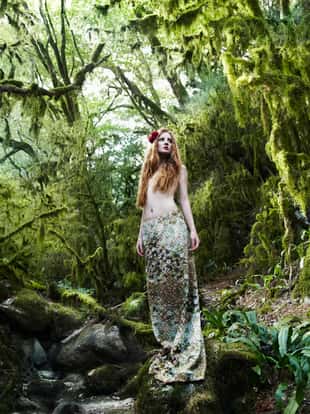 Portrait of romantic woman in fairy forest. The woman in the mysterious forest