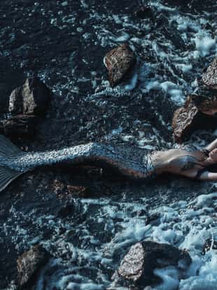 The real mermaid is resting on the ocean shore. Silver tail, the body is covered with scales. Creative colors