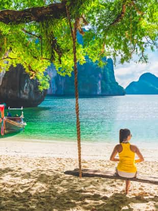 Traveler woman relaxing on summer vacation beach joy beautiful nature scenic landscape island Krabi, Landmark tourist attraction travel Thailand tropical beach, Tourism destination Asia holiday trips