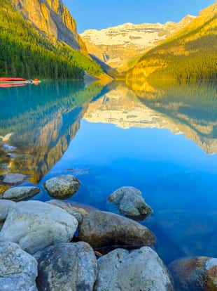 Lake Louise at dawn in Banff National Park in the Canadian Rockies