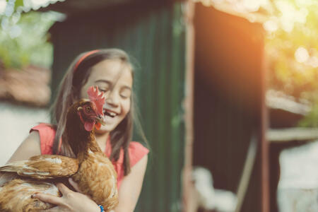 Laughing girl hoolding a hen