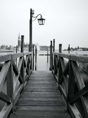 Black and white photo of Venice seafront. Venice, Italy